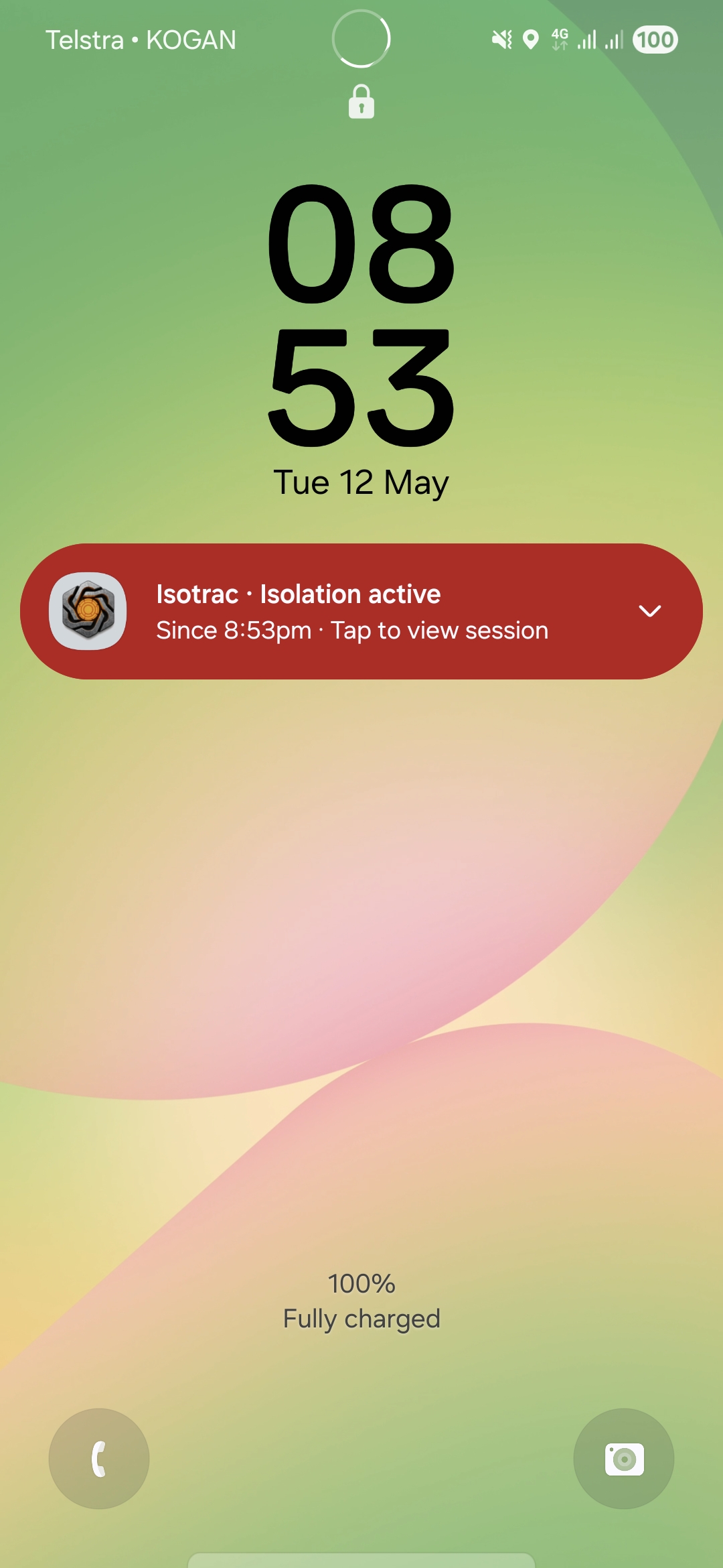 ShiftCore Isotrac notification card on a phone lock screen, red: Isotrac · Isolation active · Since 11:10pm