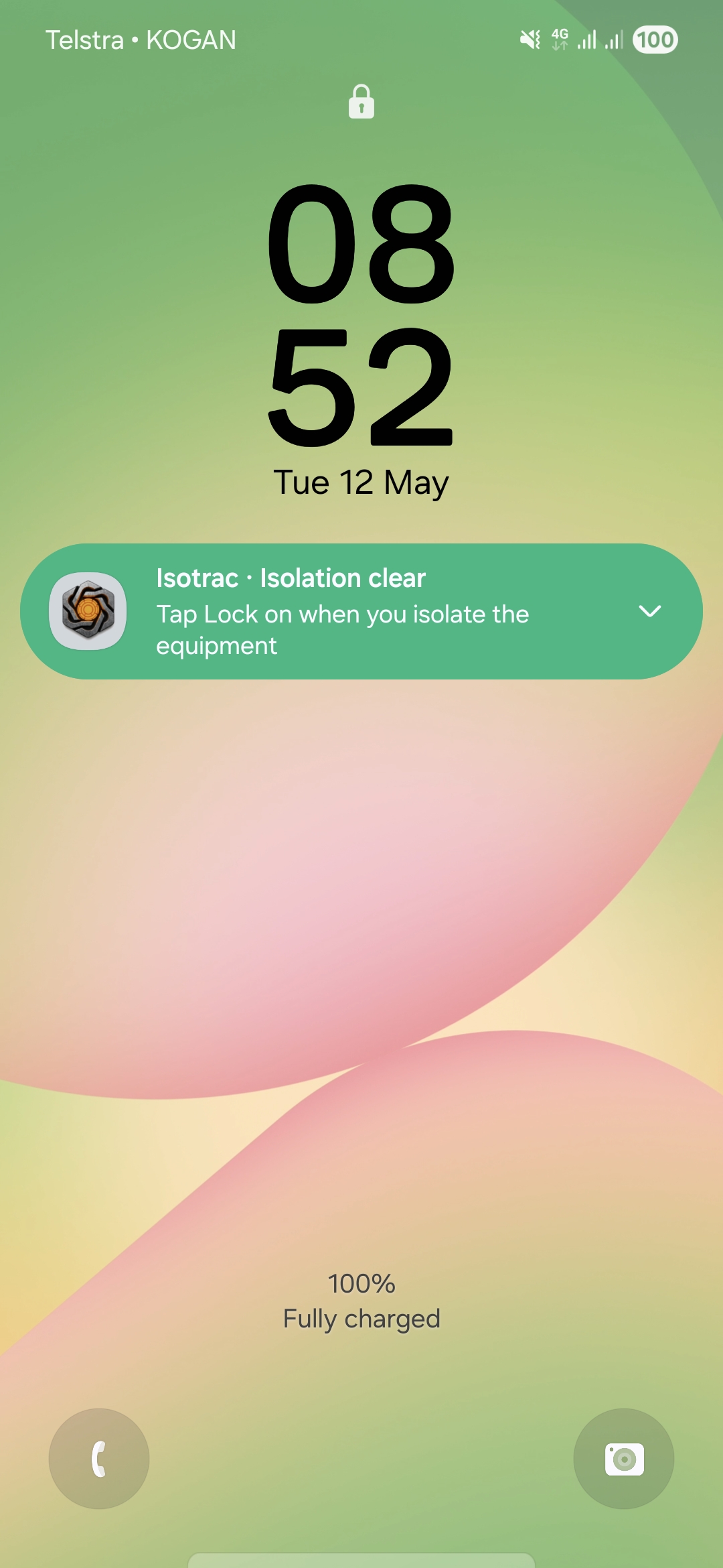 ShiftCore Isotrac notification card on a phone lock screen, green: Isotrac · Isolation clear · Tap Lock on when you isolate the equipment
