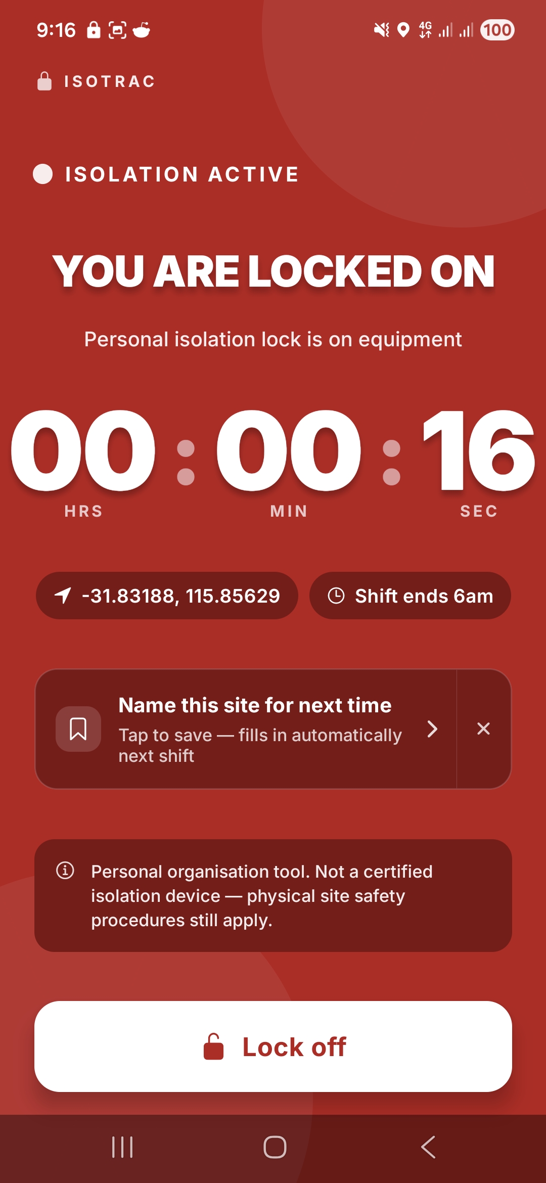 ShiftCore Isotrac lock-active red screen, ISOLATION ACTIVE, YOU ARE LOCKED ON, timer running